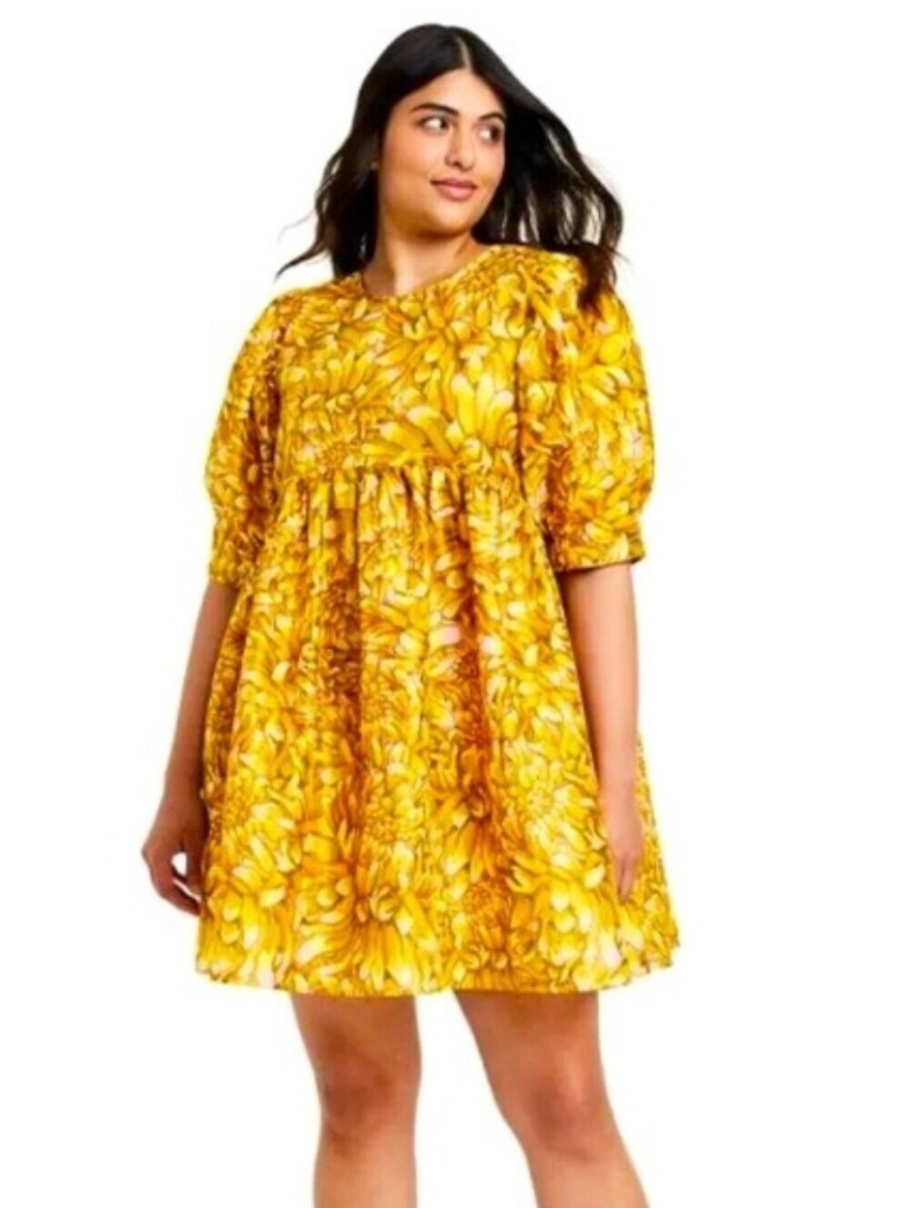 Kika Vargas Yellow Floral Woven  Babydoll Dress with Pockets 4X